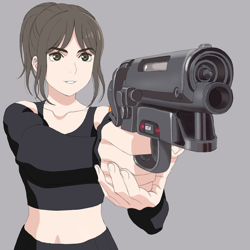 1girl, aiming, blade_runner, blade_runner_2049, brown_eyes, brown_hair, commentary_request, cyberpunk
