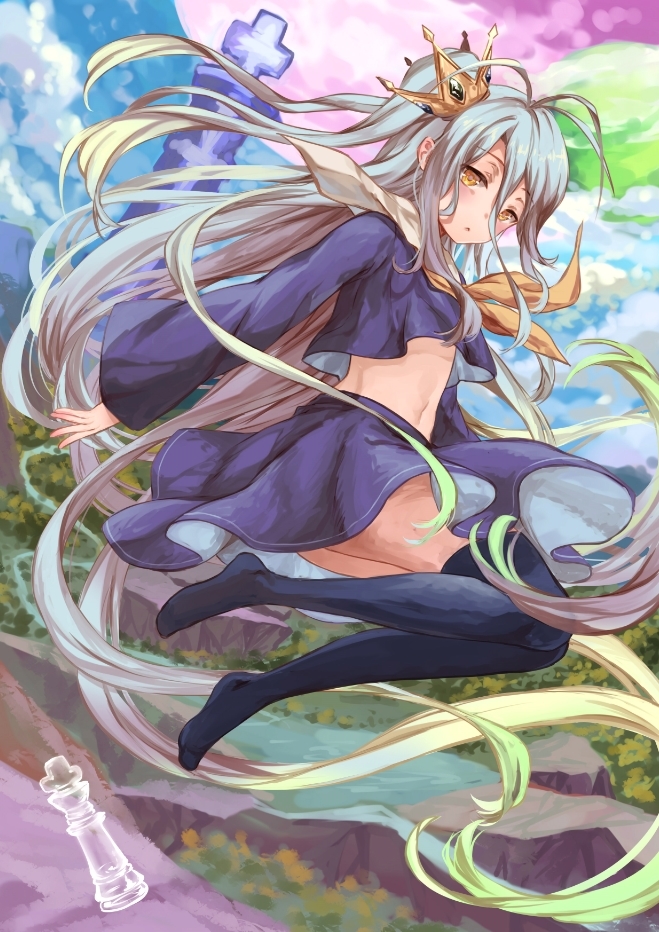 1girl, antenna_hair, black_legwear, blonde_hair, blue_hair, blush, brown_eyes, chess_piece