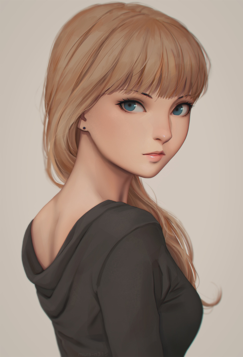 1girl, blonde_hair, blue_eyes, breasts, closed_mouth, ear_piercing, earrings, gundam