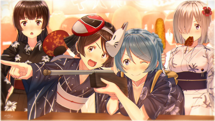 >:d, 4girls, :o, ;), aiming, backlighting, bangs, black_hair