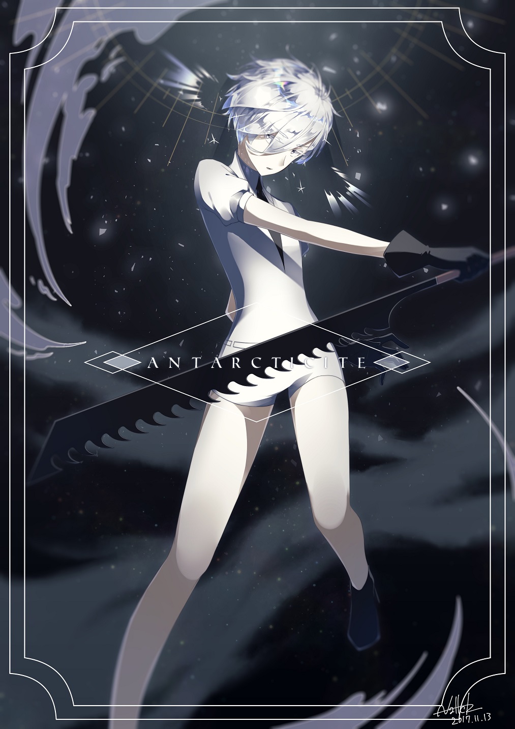 androgynous, antarcticite, black_gloves, black_neckwear, character_name, collared_shirt, dated, gloves, grey_eyes, highres, holding, holding_sword, holding_weapon, houseki_no_kuni, nallck_6v6_(nothy-nn), necktie, shiny, shiny_hair, shirt, short_hair, shorts, signature, sparkle, sword, uniform, weapon, white_hair, white_shirt, white_shorts