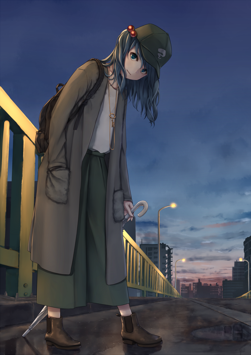 1girl, alternate_costume, backpack, bag, blue_eyes, blue_hair, brown_footwear, casual, closed_mouth, clouds, coat, contemporary, dtvisu, green_hat, green_skirt, hair_bobbles, hair_ornament, hand_in_pocket, hat, holding, kawashiro_nitori, key, leaning_forward, light_smile, long_hair, long_skirt, looking_at_viewer, outdoors, shirt, shoes, skirt, sky, solo, touhou, umbrella, white_shirt