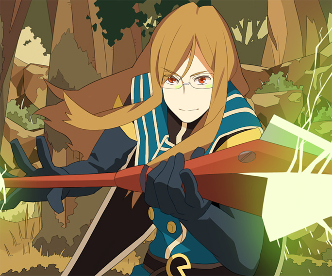 brown_hair, glasses, gloves, jade_curtiss, long_hair, male, polearm, red_eyes, sentarou_(1000bon), smile, spear, tales_of_(series), tales_of_the_abyss, weapon
