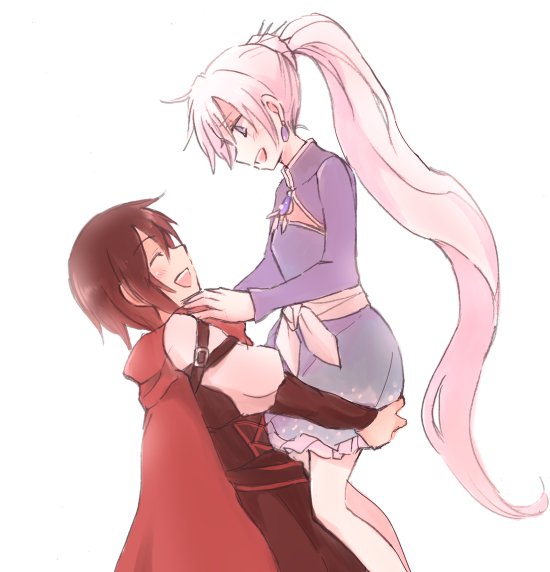 2girls, blue_dress, cape, closed_eyes, dress, lifting_person, long_hair, multiple_girls