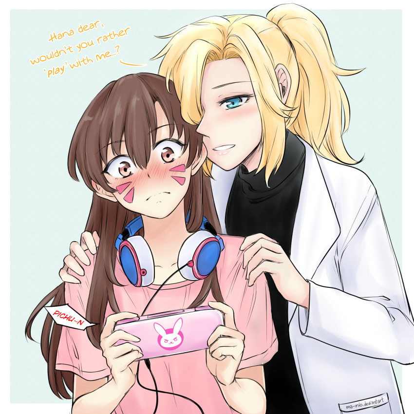2girls, blonde_hair, blue_eyes, blush, brown_hair, d.va_(overwatch), english, facial_mark