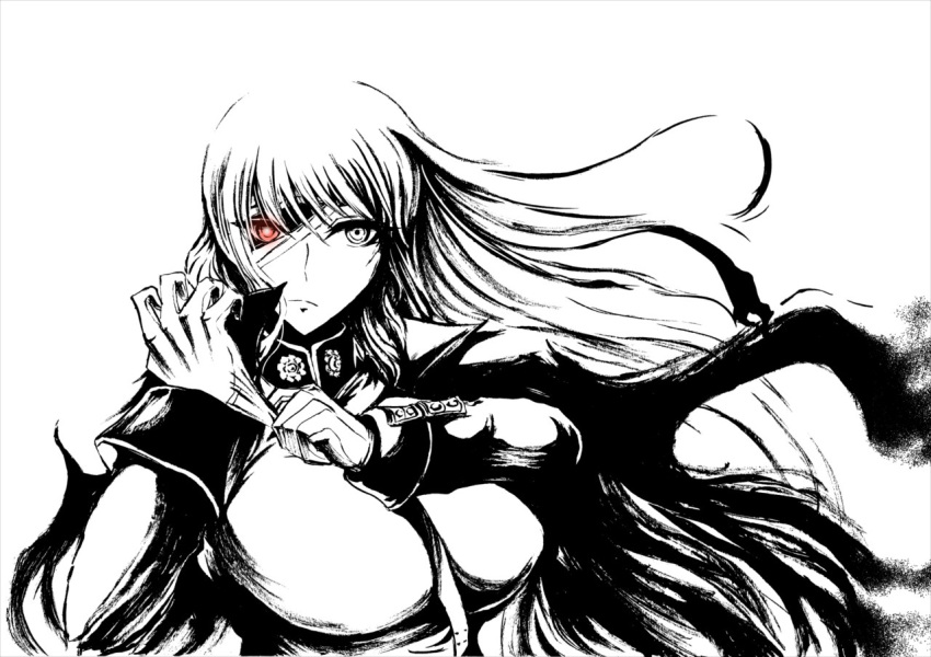 1girl, adjusting_clothes, adjusting_gloves, aura, bandage_over_one_eye, breasts, commentary_request, expressionless