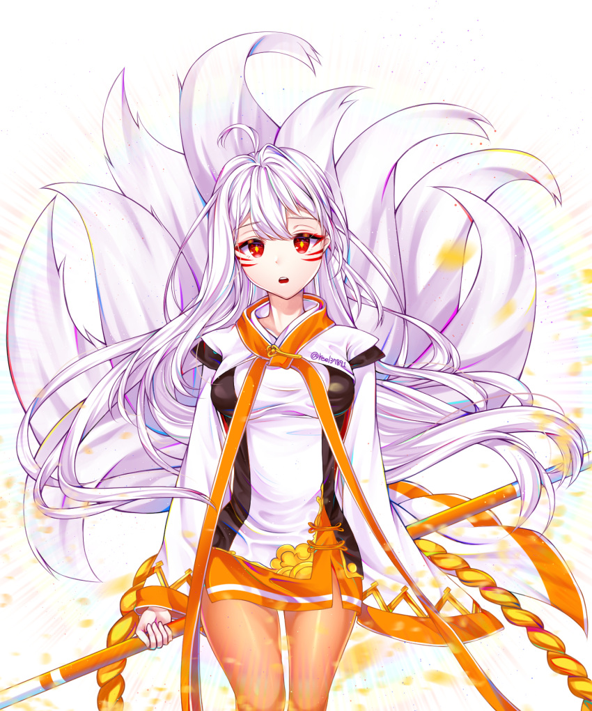 1girl, albino, ara_han, ara_han_(celestial_fox), bright_pupils, cowboy_shot, elsword, fox_tail