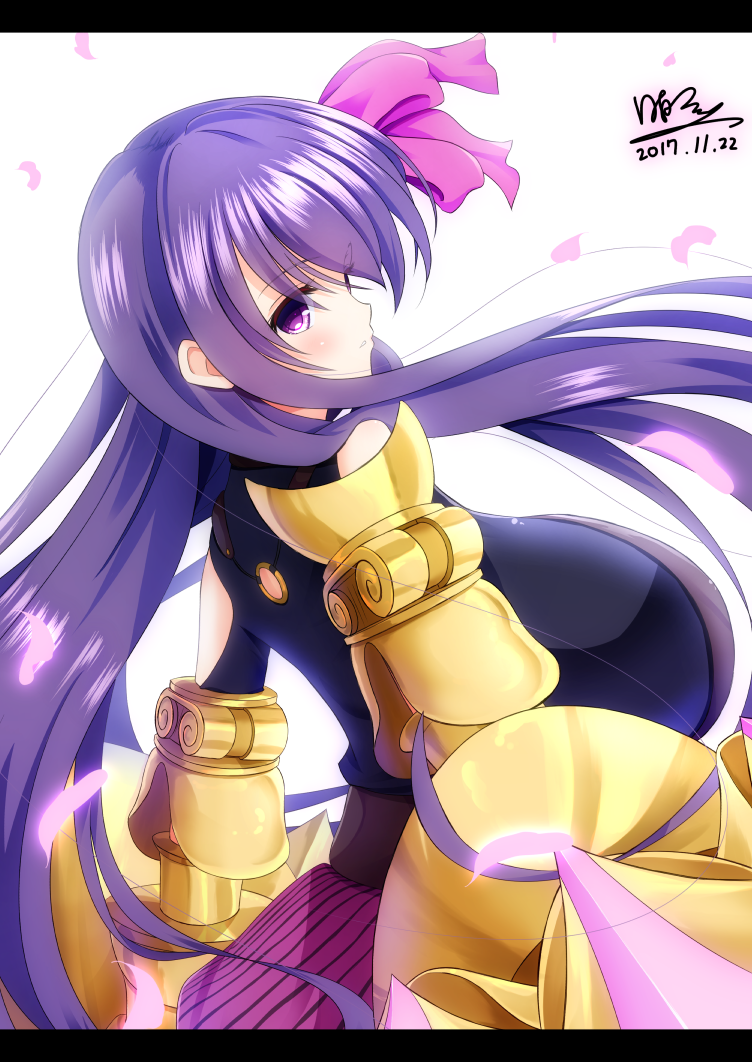 1girl, artist_name, bare_shoulders, blush, breasts, cherry_blossoms, claws, cowboy_shot