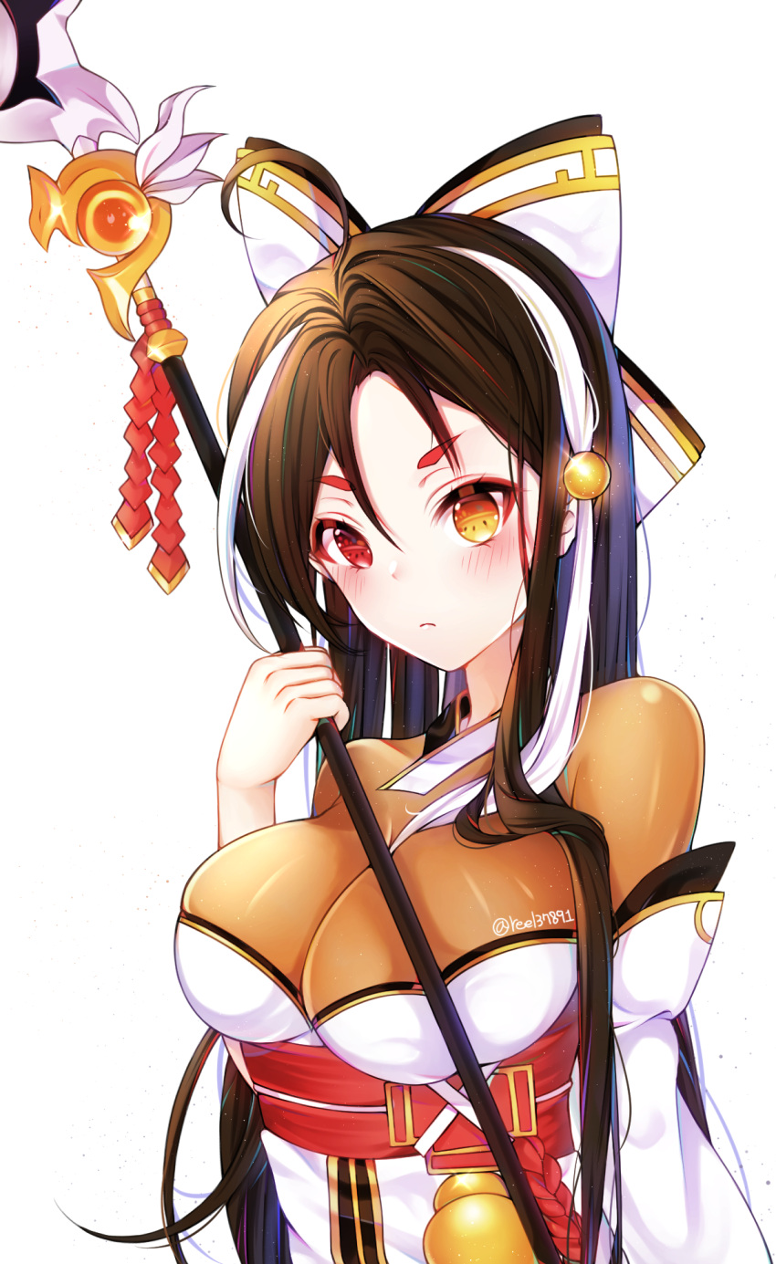 1girl, ara_han, asura_(elsword), black_hair, bow, breast_press, breasts, detached_sleeves