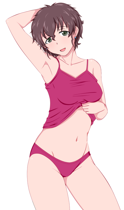 1girl, akiyama_yoshiko, arm_behind_head, bangs, breasts, brown_eyes, camisole, collarbone, cowboy_shot, earrings, girls_und_panzer, jewelry, long_hair, looking_at_viewer, mature, medium_breasts, messy_hair, navel, open_mouth, panties, red_panties, red_shirt, shirt, shirt_lift, short_hair, simple_background, smile, spaghetti_strap, standing, tanaka_rikimaru, underwear, underwear_only, white_background