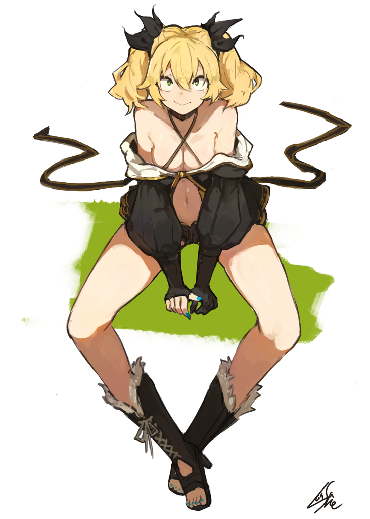 1girl, bare_shoulders, black_bow, black_footwear, black_gloves, black_jacket, blonde_hair, blue_nails