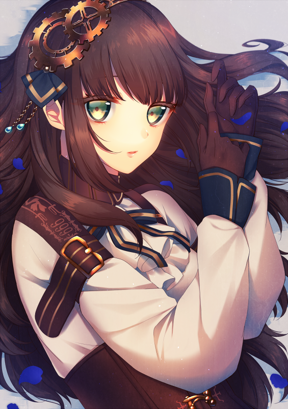 1girl, :o, bangs, brown_gloves, brown_hair, cardia_beckford, code:realize, corset, gears, gloves, green_eyes, long_hair, long_sleeves, looking_at_viewer, moyui_(myi_005), pink_lips, shirt, solo, upper_body, white_shirt