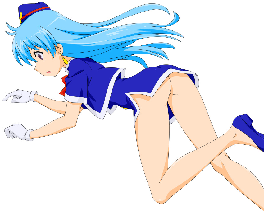 1girl, aqua_hair, gloves, highres, legs, long_hair, miniskirt, photoshop, skirt, solo, stewardess, tenjouin_katsura, thighs, vector_trace, violet_eyes, yat_anshin_uchuu_ryokou