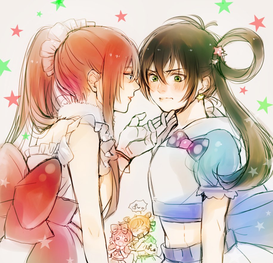 4boys, alternate_costume, blush, bow, cellphone, crossdressinging, double_bun, embarrassed