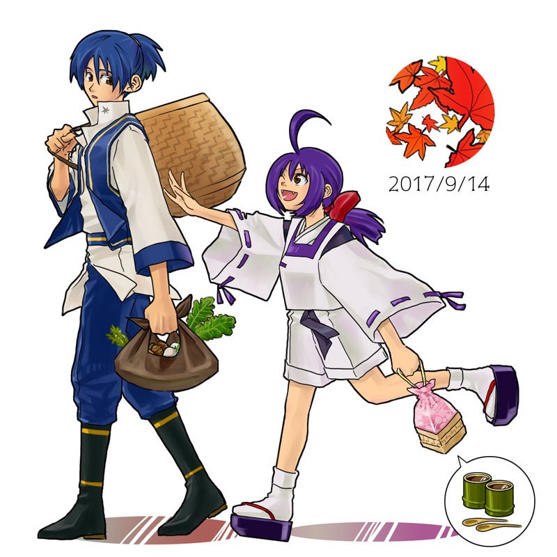 1boy, 1girl, ahoge, artist_request, bag, bakumatsu_rouman, basket, blue_hair