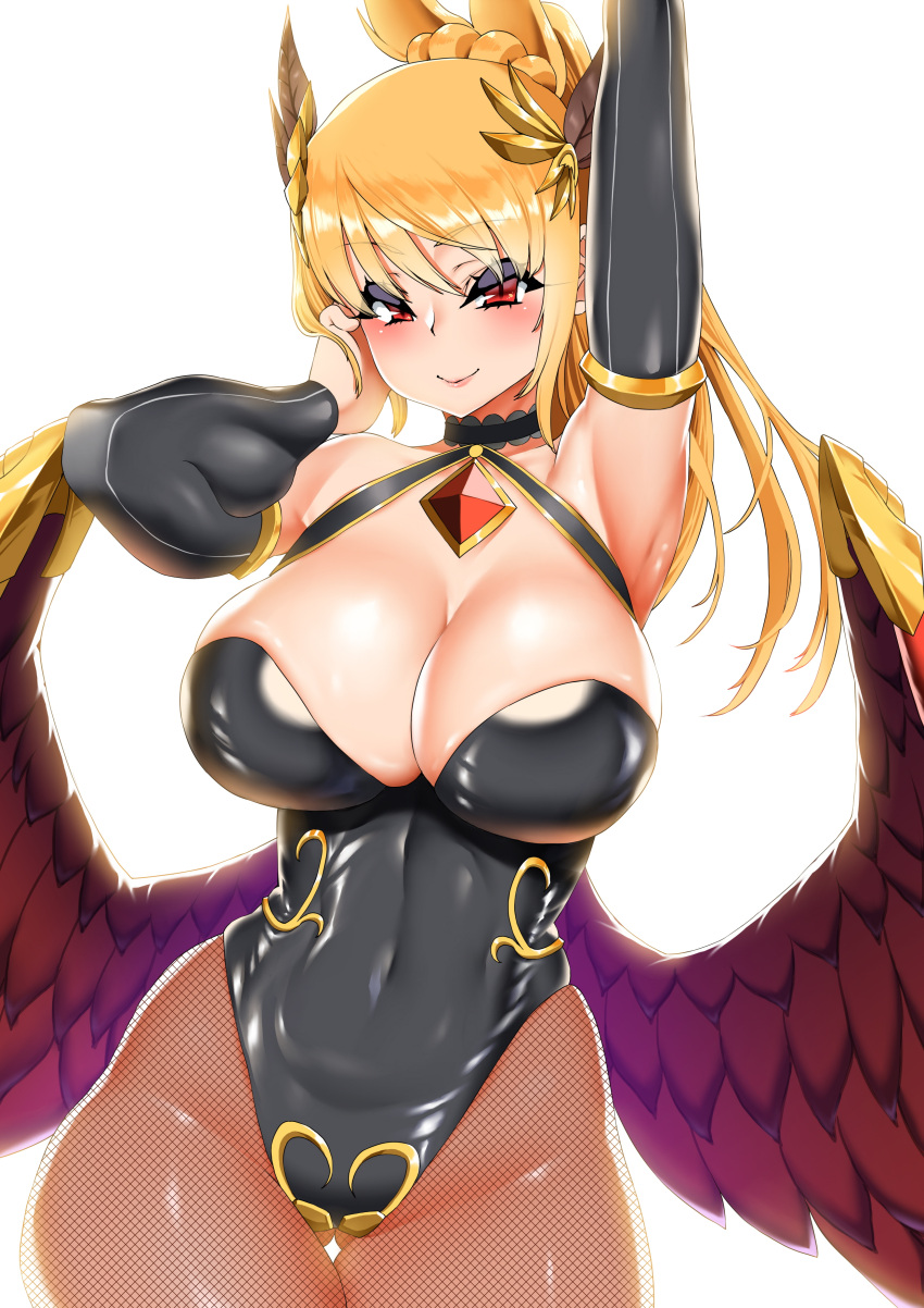 1girl, absurdres, arm_up, armlet, armpits, bangs, black_leotard, blonde_hair