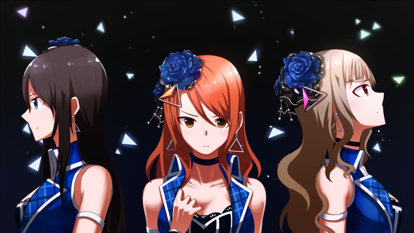 3girls, absurdres, armband, bare_shoulders, black_hair, breasts, brown_hair, choker