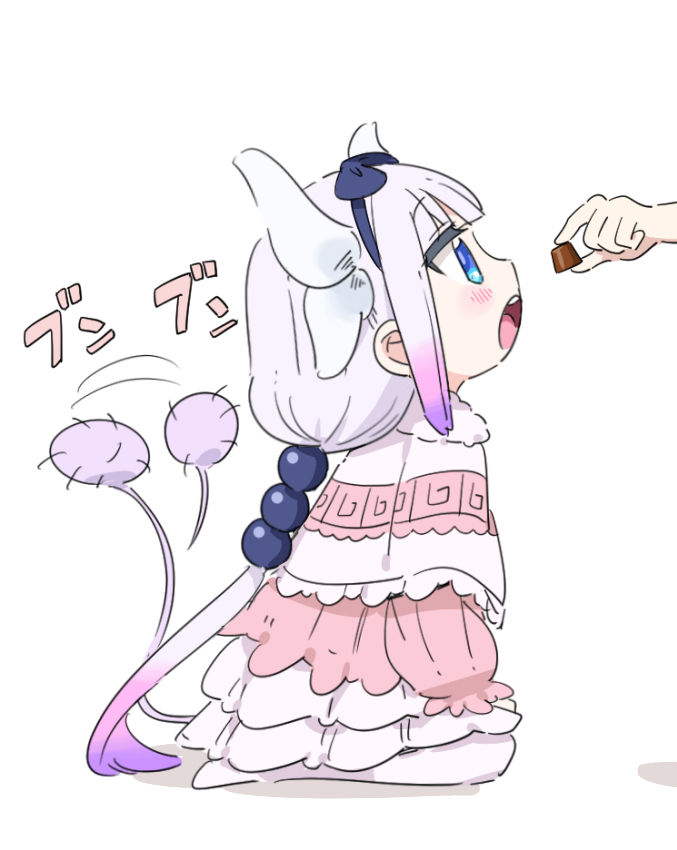 1girl, blue_eyes, blush, chocolate, dragon_girl, dragon_tail, dress, eyebrows_visible_through_hair
