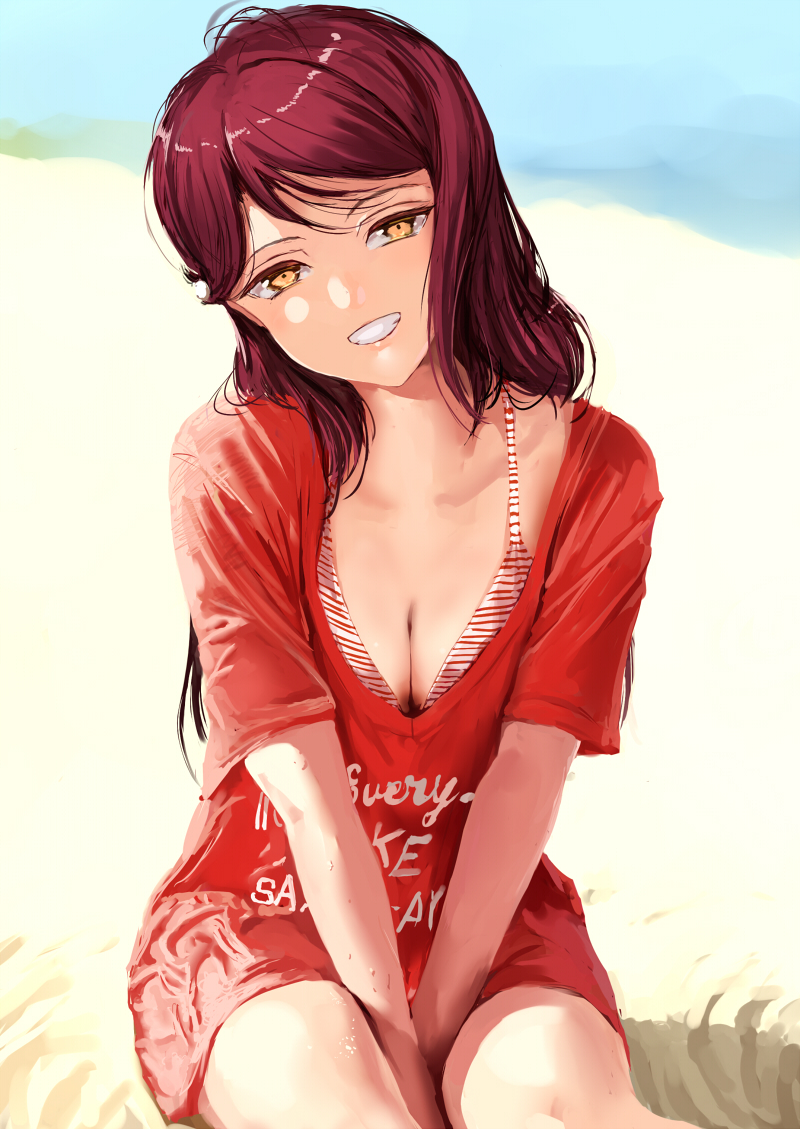1girl, :d, aida_rikako, ascii_media_works, bangs, bare_shoulders, beach, between_legs, bikini, bikini_top, bikini_under_clothes, blush, breasts, bushiroad, cleavage, clothes_writing, collarbone, day, grin, half-closed_eyes, hand_between_legs, head_tilt, long_hair, looking_at_viewer, love_live!, love_live!_sunshine!!, medium_breasts, no_pants, open_mouth, outdoors, own_hands_together, real_life, red_shirt, redhead, sakurauchi_riko, sand, seiyuu_connection, shirt, short_sleeves, sitting, smile, solo, striped, striped_bikini, sunrise_(studio), swept_bangs, swimsuit, teeth, v_arms, yellow_eyes
