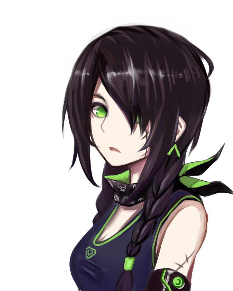 1girl, bangs, black_hair, braid, breasts, chengche_zhi_bing, cleavage, elbow_gloves