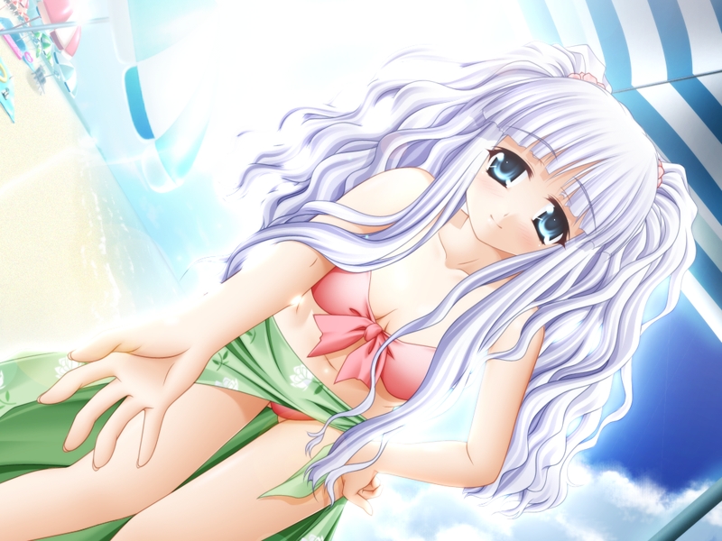bikini, blue_eyes, colorfull!!, dutch_angle, game_cg, kounose_akara, minase_kotoka, sarong