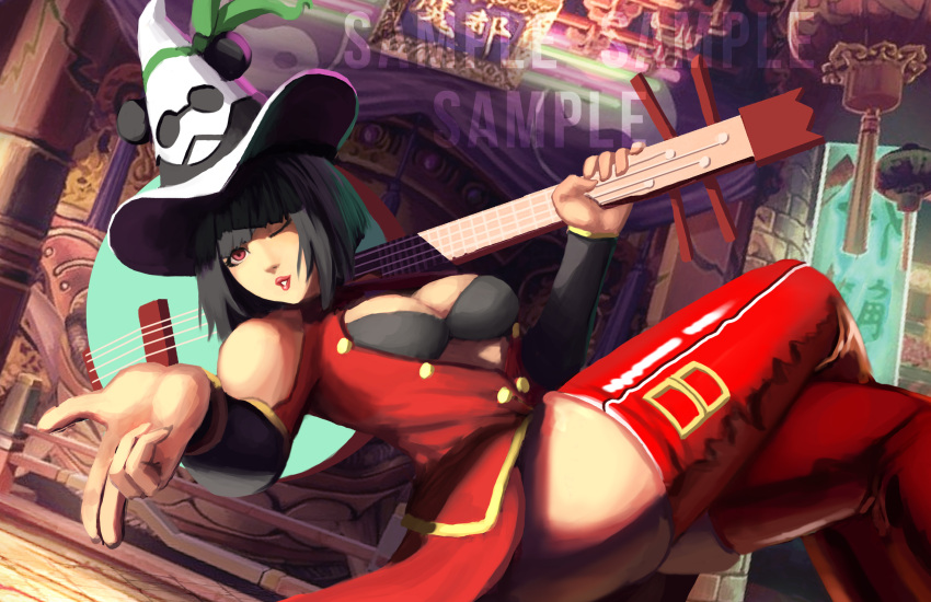 1girl, ;3, adapted_costume, arc_system_works, arcade_stick, bangs, bare_shoulders, bass_guitar, black_bra, blazblue, blown_kiss, blunt_bangs, bob_cut, boots, bra, breasts, cleavage, commentary, commission, company_connection, controller, cosplay, detached_sleeves, dress, dude_underscore, eyelashes, floating, game_controller, guilty_gear, hat, highres, i-no, instrument, joystick, lao_jiu, legs_crossed, lips, lipstick, litchi_faye_ling, litchi_faye_ling_(cosplay), makeup, red_eyes, red_footwear, revision, salute, short_dress, short_hair, solo, thigh-highs, thigh_boots, thighs, two-finger_salute, unbuttoned, underwear, witch_hat