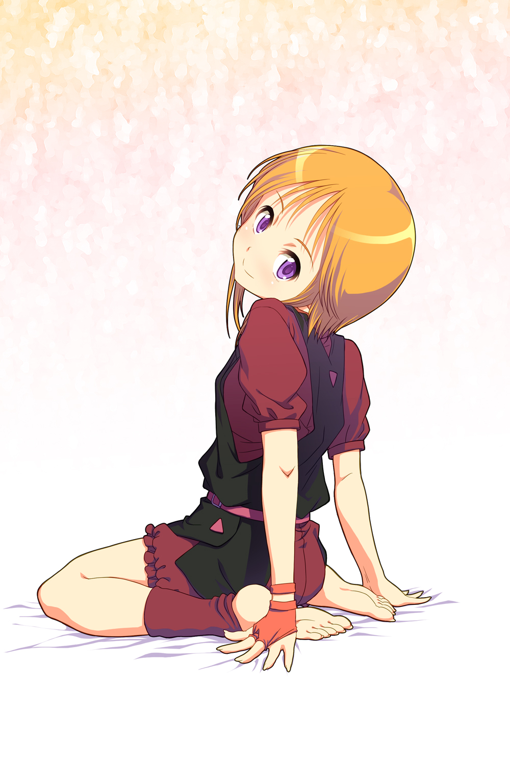 1girl, arm_support, barefoot, bridal_gauntlets, elpeo_puru, exit_nothing, fingerless_gloves, gloves