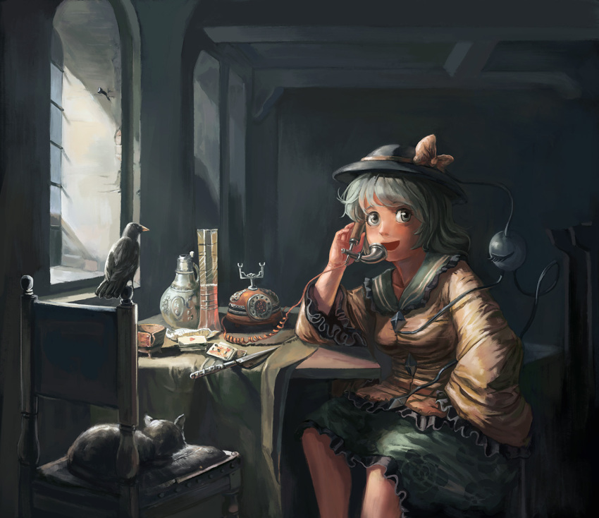 1girl, amibazh, antique_telephone, aqua_eyes, bird, blouse, card, cat