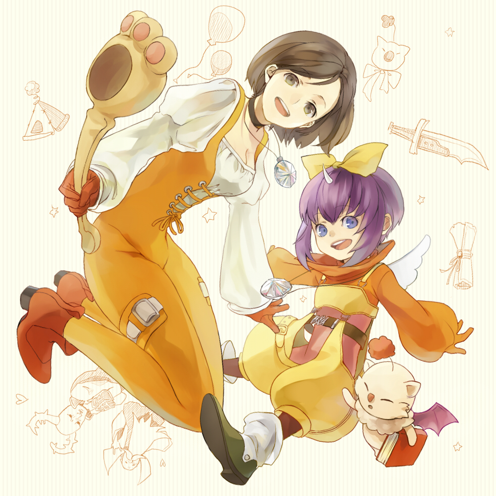2girls, ankle_boots, black_choker, black_hair, blouse, blue_eyes, bodysuit, book, boots, bow, breasts, choker, cleavage, eiko_carol, final_fantasy, final_fantasy_ix, full_body, garnet_til_alexandros_xvii, gloves, hair_bow, holding, holding_staff, horn, jewelry, juliet_sleeves, long_sleeves, looking_at_viewer, moogle, multiple_girls, open_mouth, orange_bodysuit, pendant, purple_hair, ramuh, shoes, short_hair, staff, tamu_(tamurarucaffe1226), upper_teeth, yellow_bow