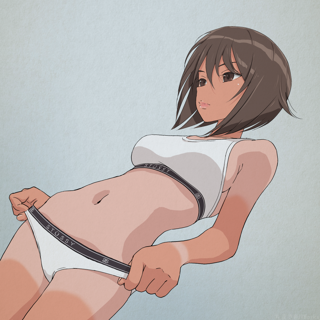 1girl, bra, breasts, brown_eyes, brown_hair, chimaki_(u9works), closed_mouth, cowboy_shot, dutch_angle, girls_und_panzer, hair_between_eyes, lips, looking_away, medium_breasts, navel, nishizumi_maho, panties, short_hair, simple_background, solo, sports_bra, tan, tan_skin, tanline, texture, underwear, white_bra, white_panties
