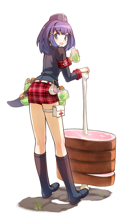 armband, bag, bangs, belt, blue_eyes, blue_hair, blush, boots