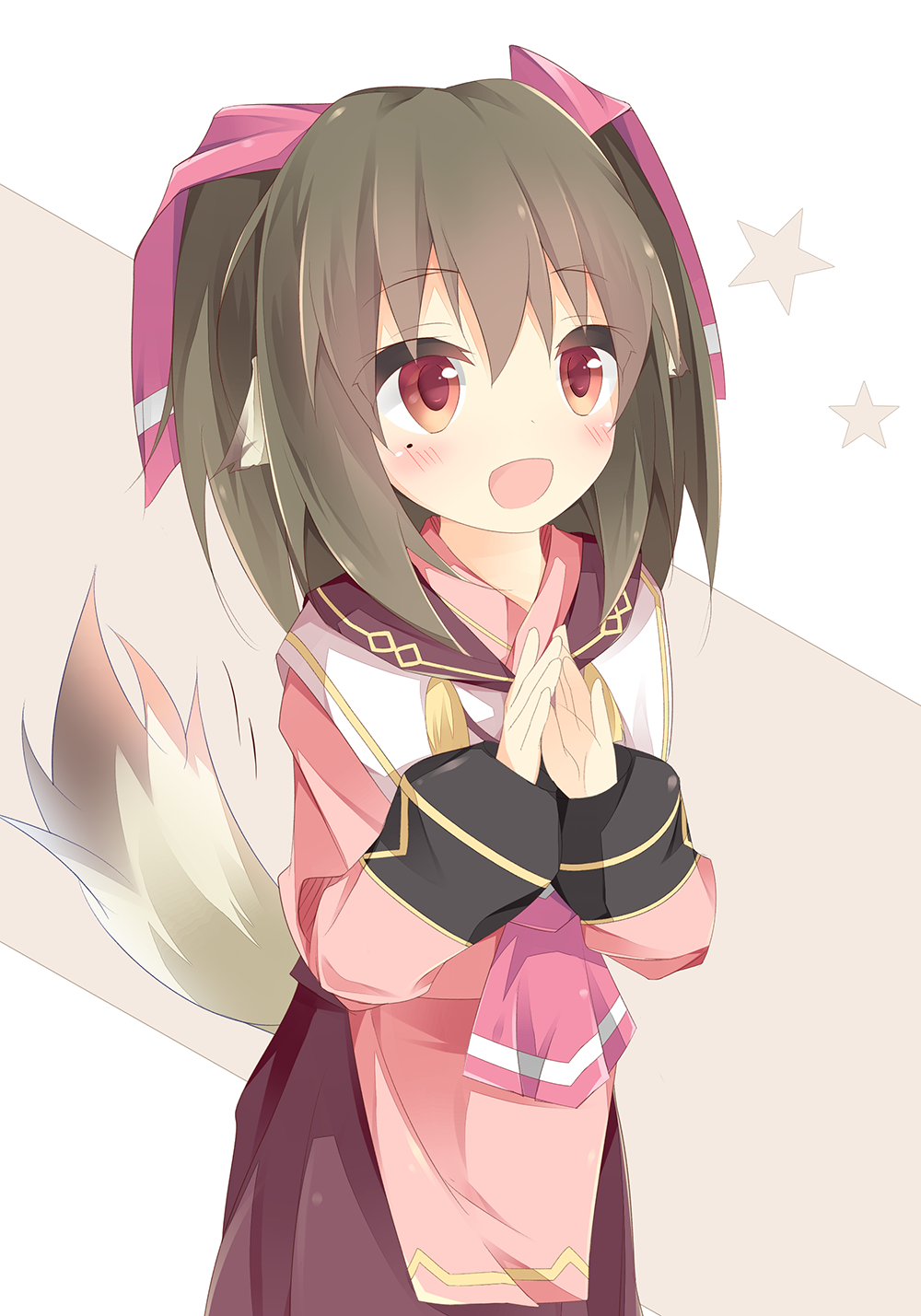 1girl, :d, animal_ears, bangs, blush, brown_background, brown_hair, brown_skirt