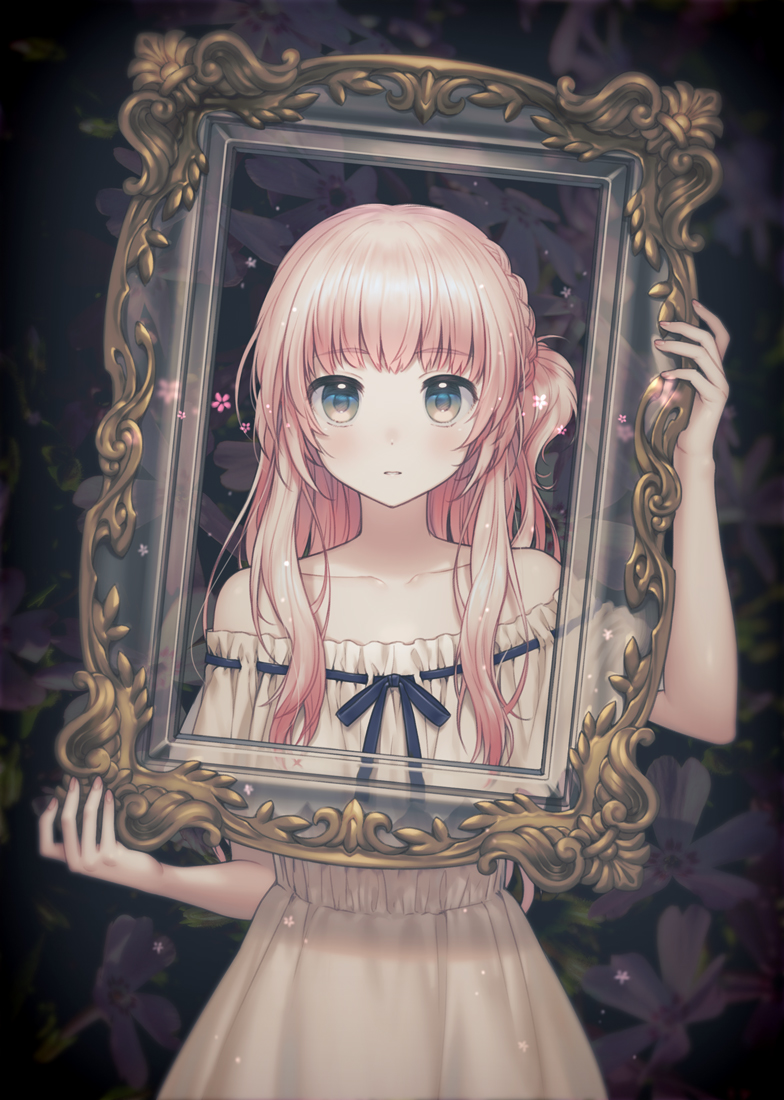 1girl, bangs, bare_shoulders, blue_eyes, blue_ribbon, blush, braid, collarbone