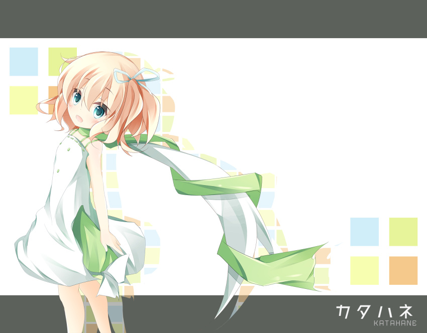 1girl, :d, arm_at_side, bangs, bare_arms, belle_(katahane), blonde_hair, blue_eyes
