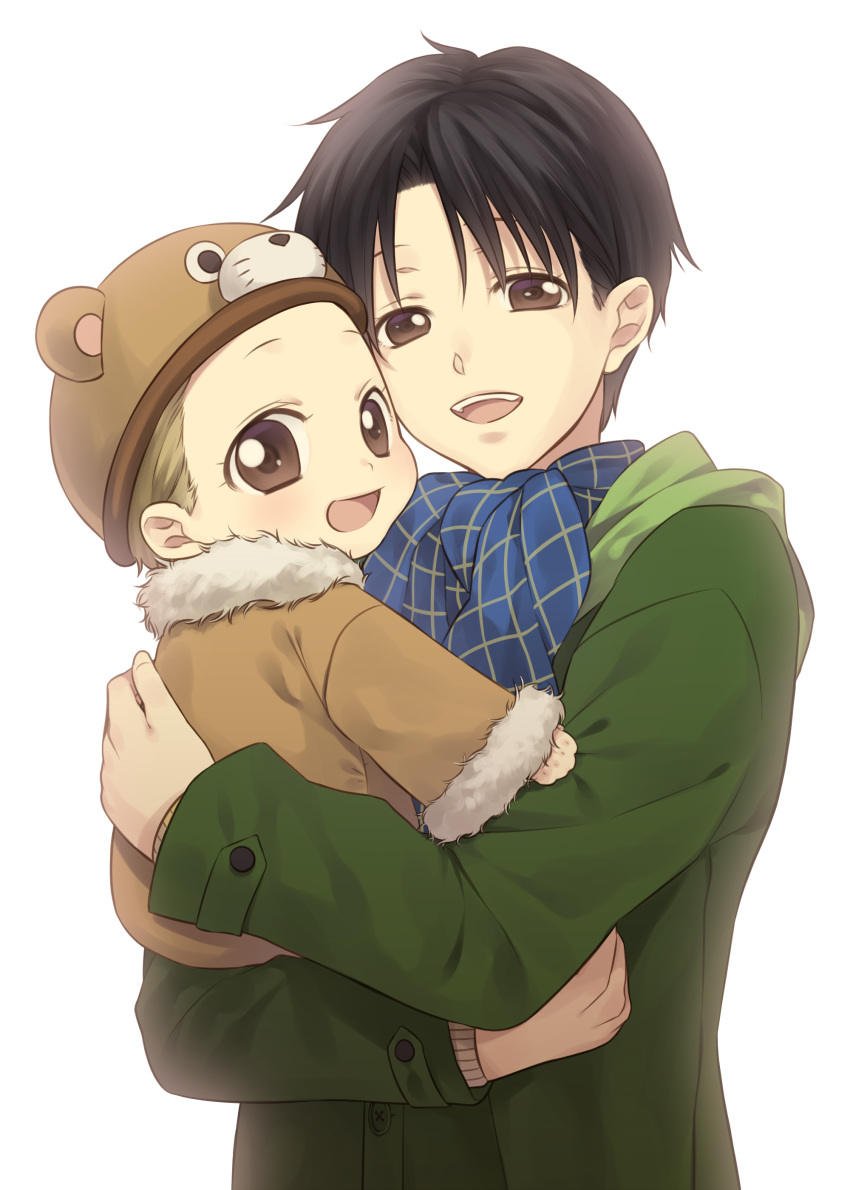 2boys, absurdres, akachan_to_boku, animal_hat, black_hair, brothers, brown_hair, carrying