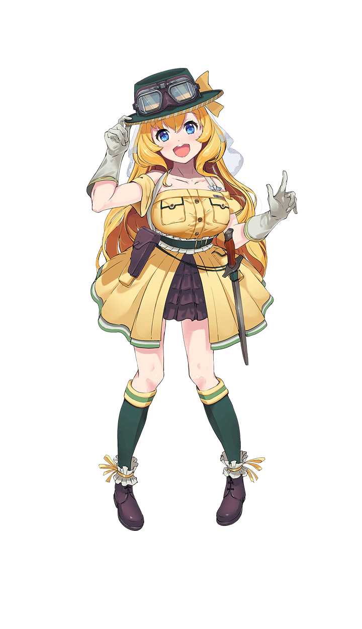 1girl, :d, artist_request, black_footwear, blonde_hair, blue_eyes, breast_pocket, breasts, cleavage, dress, elisa_nicky, formation_girls, frilled_dress, frills, full_body, gloves, goggles, goggles_around_neck, gown, green_hat, green_legwear, hat, highres, large_breasts, long_hair, looking_at_viewer, mini_hat, official_art, open_mouth, pocket, smile, solo, thigh-highs, transparent_background, white_gloves