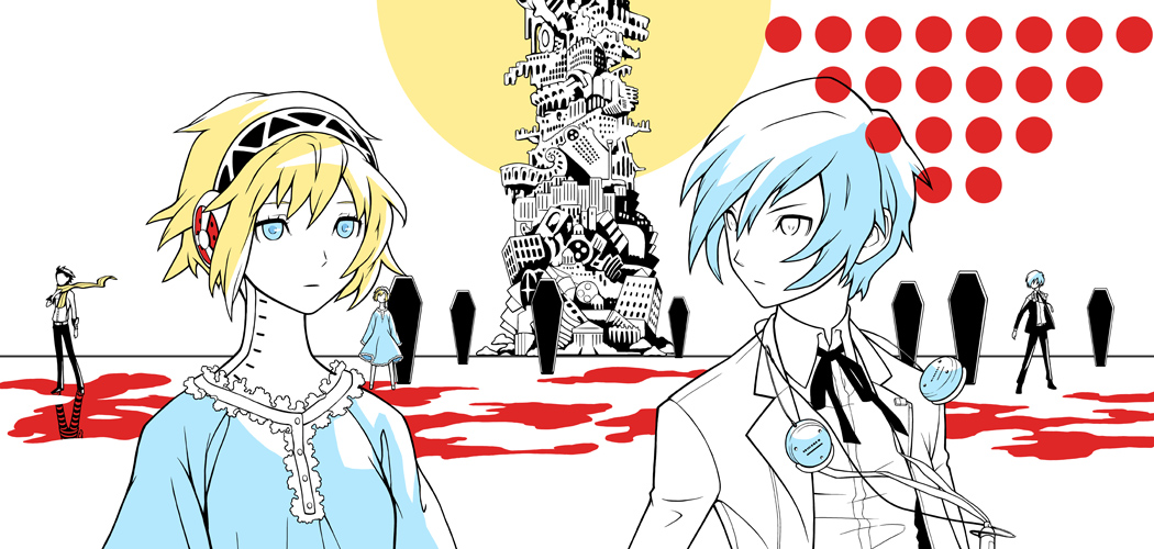 alternate_costume, arisato_minato, blonde_hair, blood, blue_eyes, coffin, deretta, headphones