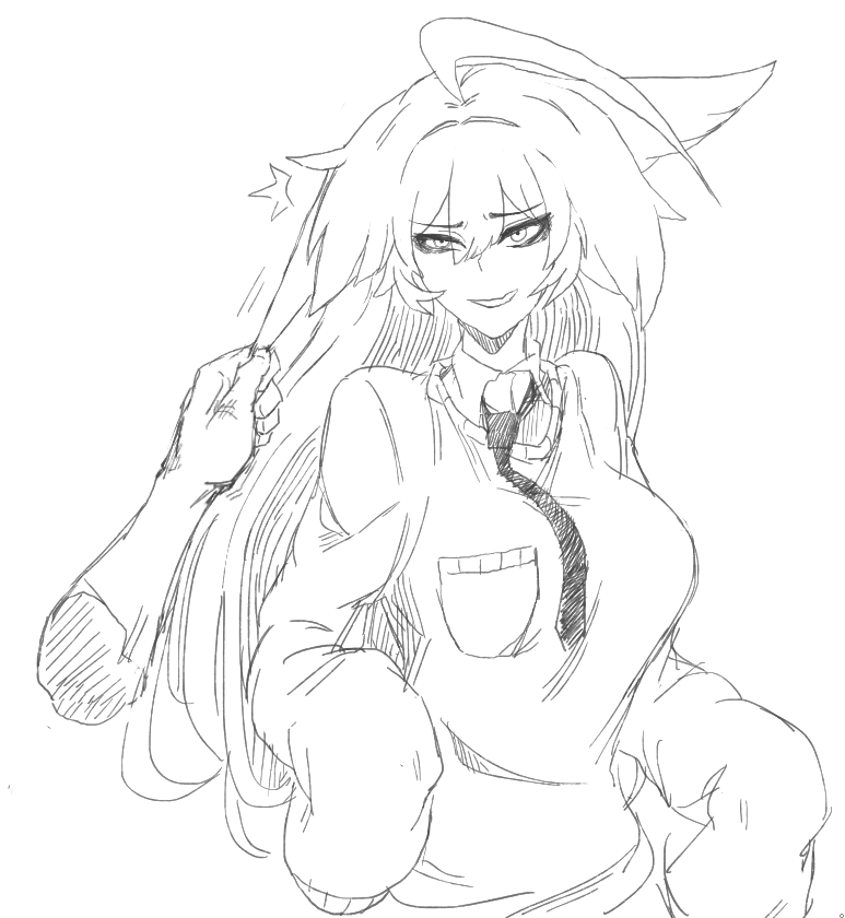 1girl, ahoge, anya_(j.k.), bags_under_eyes, borrowed_character, breast_pocket, collared_shirt, disembodied_limb, eyebrows_visible_through_hair, eyes_visible_through_hair, greyscale, gummuru, hair_between_eyes, hair_grab, hands_in_sleeves, huge_ahoge, long_hair, long_sleeves, monochrome, necktie, nervous_smile, parted_lips, pocket, shirt, simple_background, sketch, solo_focus, sweater, upper_body, very_long_hair, white_background, wing_collar