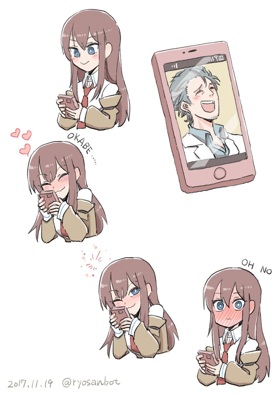 1boy, 1girl, blue_eyes, brown_hair, cellphone, closed_eyes, dress_shirt, embarrassed, facial_hair, highres, jacket, labcoat, laughing, long_hair, makise_kurisu, necktie, okabe_rintarou, phone, red_neckwear, ryou-san, shirt, short_hair, simple_background, smile, steins;gate, white_background