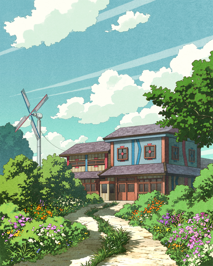 blue_sky, clouds, day, door, flower, grass, house, no_humans, original, outdoors, path, road, rural, scenery, sky, tree, wind_turbine, windmill, window, yk_funa