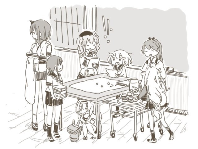6+girls, :d, ahoge, beret, bunny_hair_ornament, cannon, chalkboard, closed_eyes