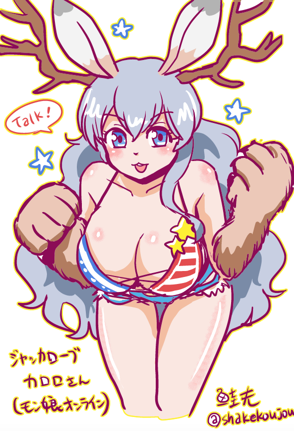 1girl, :3, :d, american_flag_bikini, animal_ears, antlers, bikini, blue_eyes