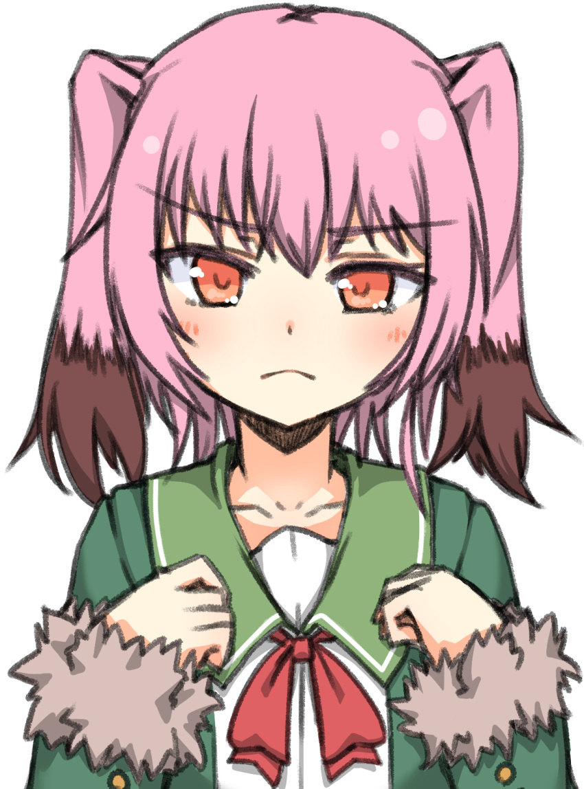 1girl, black_hair, colored_tips, eyebrows_visible_through_hair, frown, fur-trimmed_sleeves, fur_trim, green_jacket