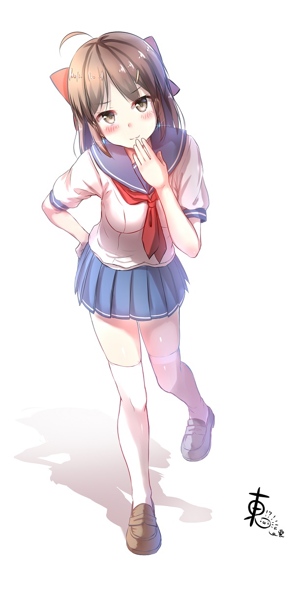 1girl, ahoge, black_legwear, blue_skirt, blush, bow, breasts, brown_eyes