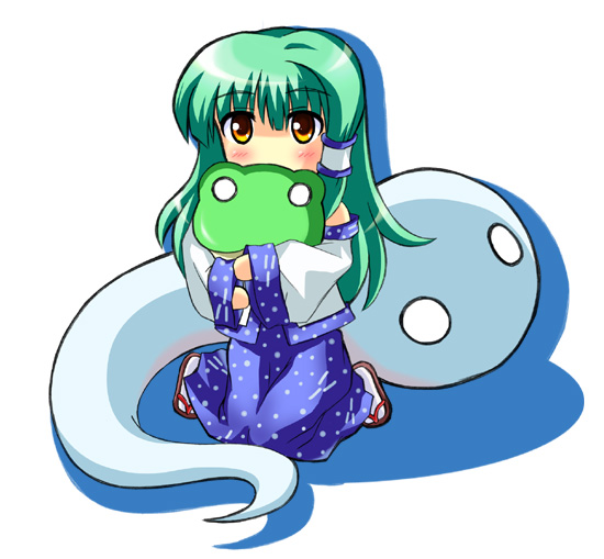 detached_sleeves, detahced_sleeves, frog, kochiya_sanae, pillow, pillow_hug, snake, tokiniwa, touhou