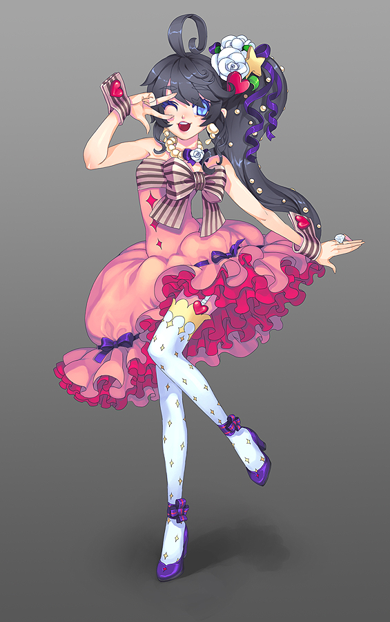 1girl, ahoge, bangs, black_hair, blue_eyes, bow, bracelet, cacao, child, diamond_(shape), dress, eyebrows, flower, frills, garter_belt, gathers, grey_background, hair_flower, hair_ornament, heart, jewelry, lace, legs, lips, long_hair, necklace, original, pink_dress, print_legwear, ribbon, ring, rose, side_ponytail, star, star_print, striped, thigh-highs, thighhighs, v, white_legwear, white_rose, wink, wrist_cuffs, zettai_ryouiki