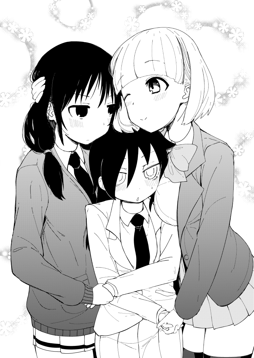 3girls, between_breasts, black_hair, blush, bob_cut, commentary_request, eye_contact, hand_holding