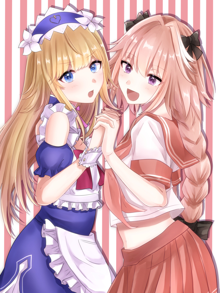2boys, black_bow, blonde_hair, blue_eyes, blush, bow, braid, character_request