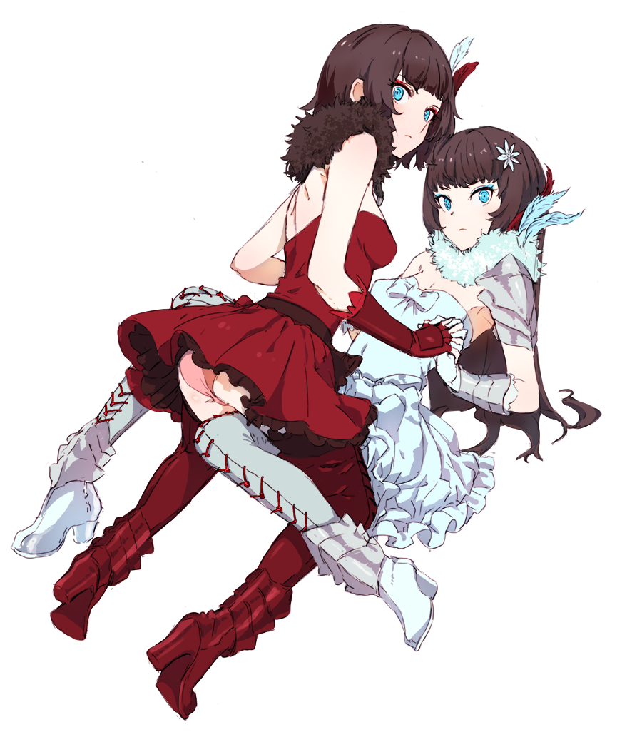 2girls, blue_eyes, brown_hair, dress, melanie_malachite, miltiades_malachite, multiple_girls, panties