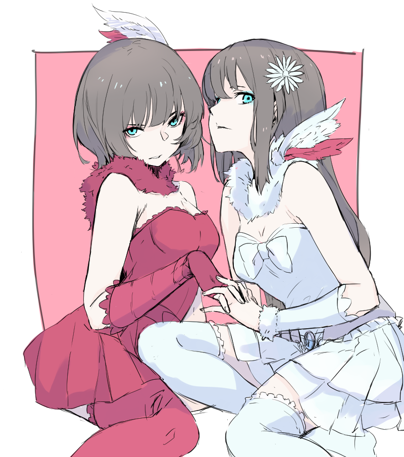 2girls, blue_eyes, brown_hair, detached_sleeves, dress, fingerless_gloves, gloves, hand_holding